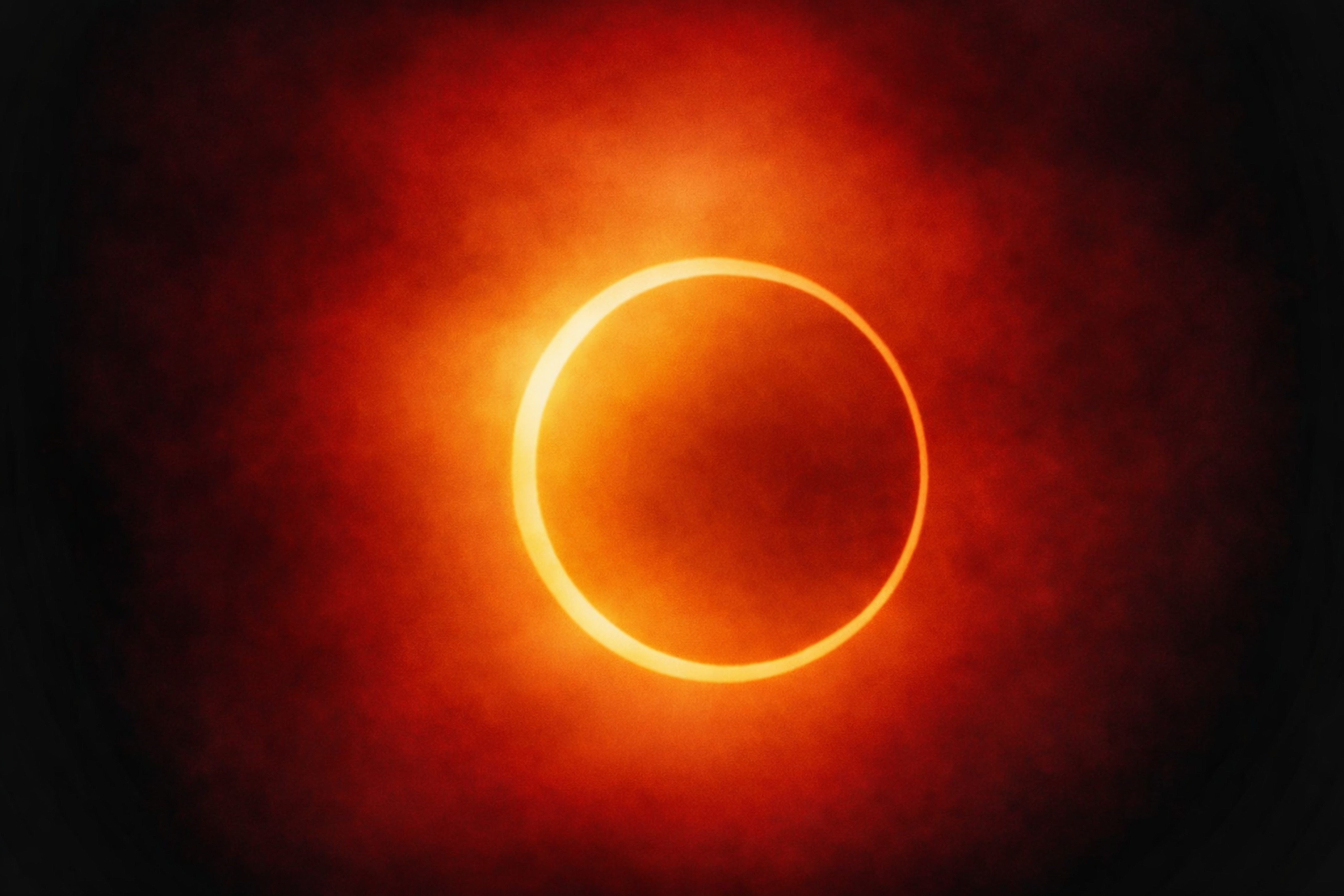 Anillo de fuego de un eclipse solar anular sobre un cielo rojizo