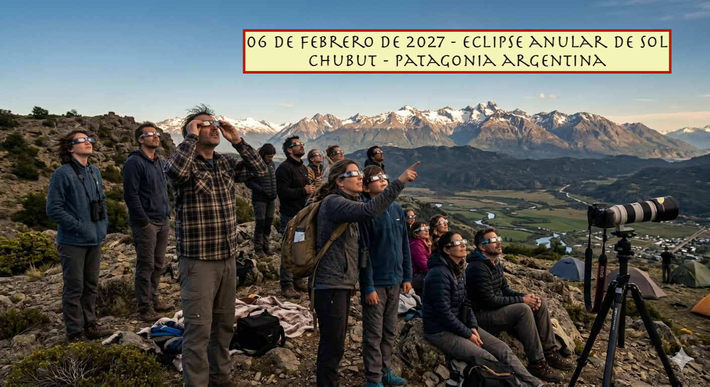 Grupo con anteojos homologados observando el cielo desde un mirador de la Patagonia para el Eclipse 2027