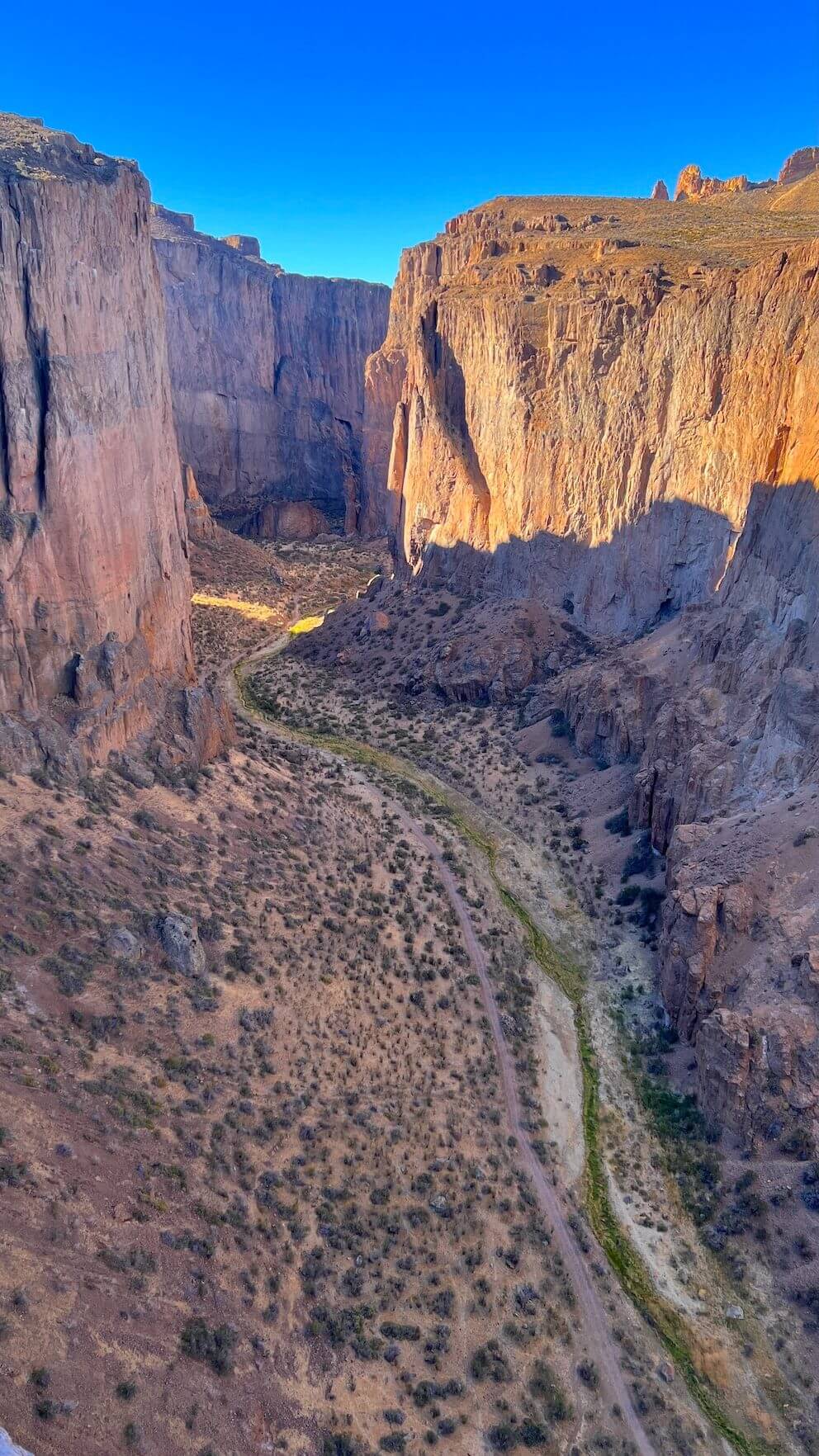 Camino entre los paredones del cañadón visto desde lo alto